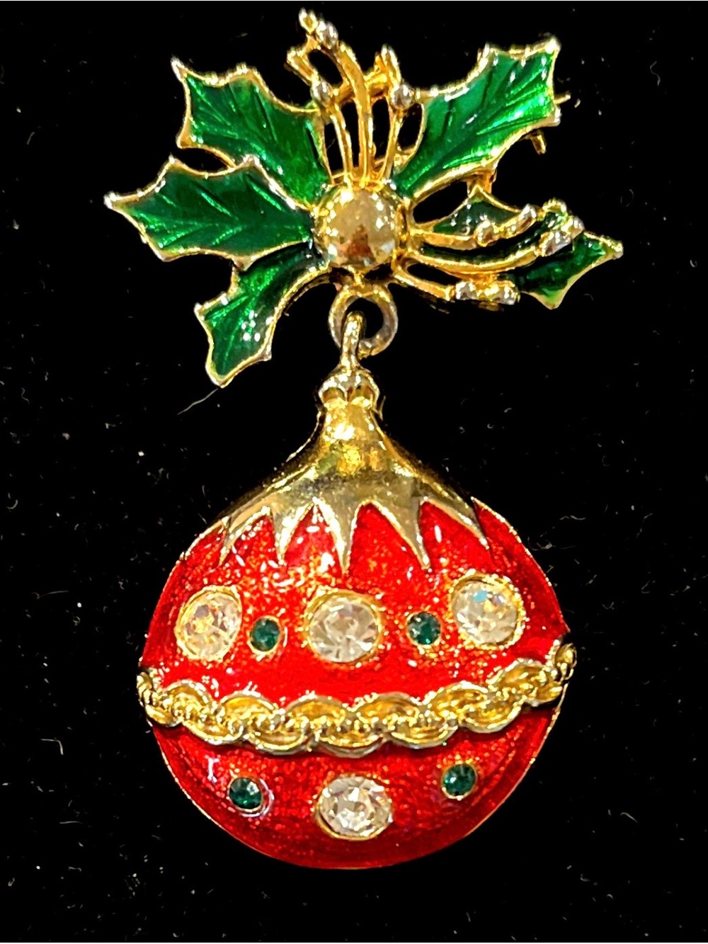 Holiday Red Enamel Ornament Brooch with Green Holly Accent